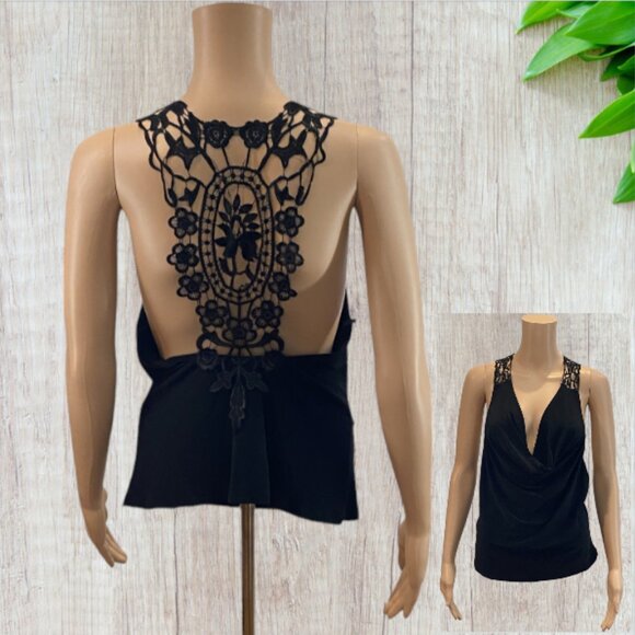 M.K.M. DESIGNS -- Halter Top, Black Sleeveless w/Lace Back/Shoulder Straps, Long - Picture 1 of 13